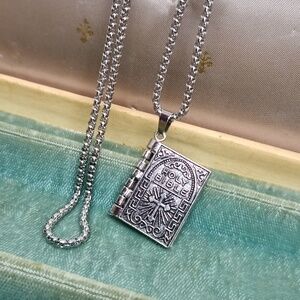 Silver Bible Book Prayer Pendant Necklace